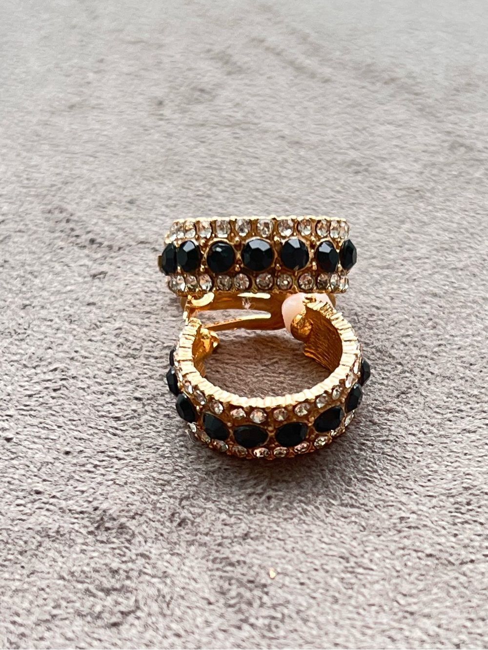 Gold-Tone Black Crystal Clip On Hoop Earrings